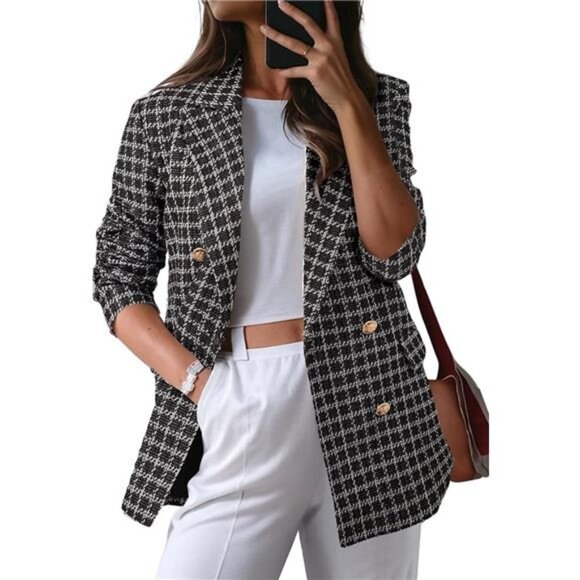 Women's Plaid Tweed Blazer  Long Sleeve Double Breasted Open Front Jacket Suit - Picture 1 of 8